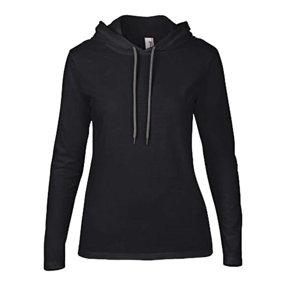 Anvil Hoodie Woman’s Large Hooded Tee Shirt Long Sleeve Lightweight Black Top - Picture 7 of 9